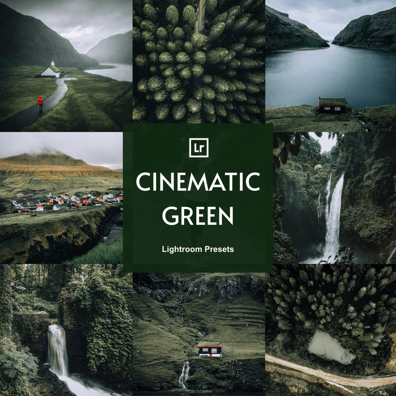 Digital download product preview showing all 10 Lightroom Cinematic Green Presets thumbnails.