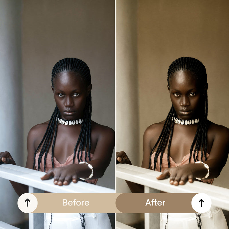 A close-up image showing the rich, warm tones of the preset on dark skin