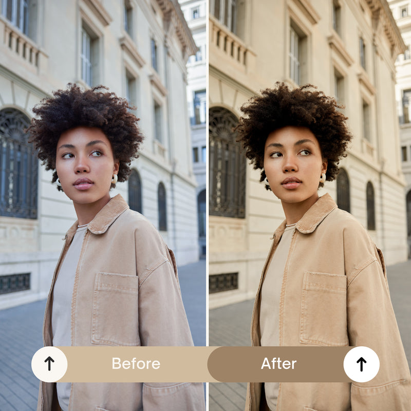 An influencer posing outdoors with glowing golden hour lighting enhanced by the preset.