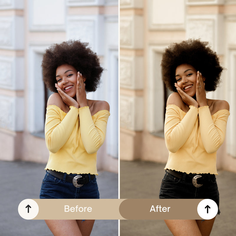 An influencer posing outdoors with glowing golden hour lighting enhanced by the preset.