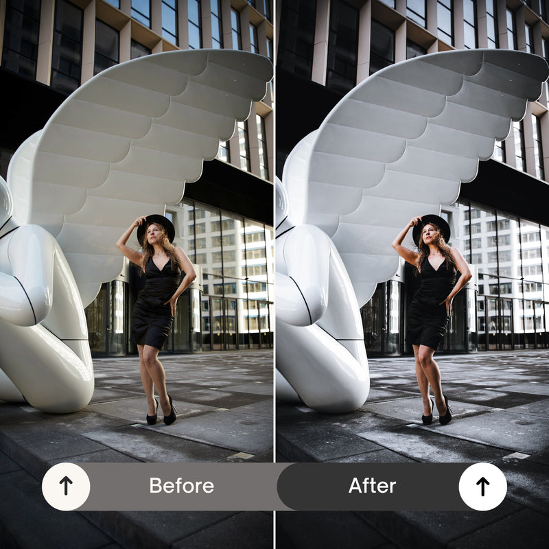 "Side-by-side photo edited with Moody Black Lightroom Preset—left side (original) shows neutral colors, right side (edited) has dark shadows, cinematic contrast, and moody black tones."