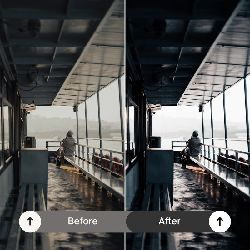 A portrait with Moody Black preset applied—cool tones, enhanced shadows, and a striking high-contrast look