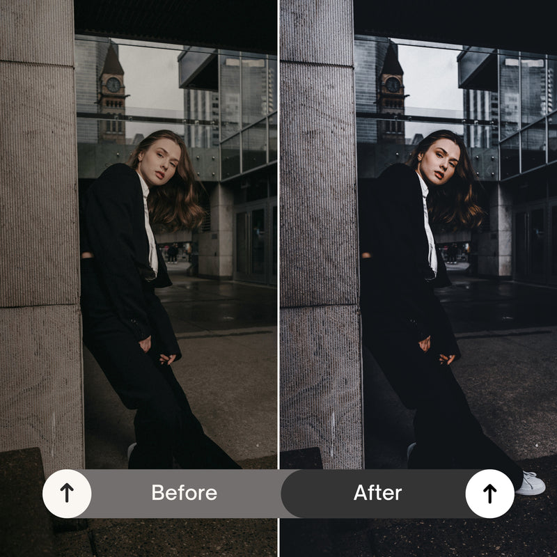A portrait with Moody Black preset applied—cool tones, enhanced shadows, and a striking high-contrast look