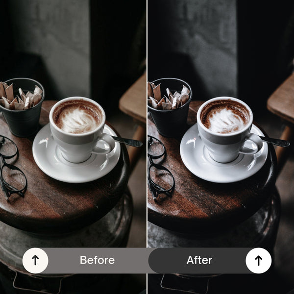 "Side-by-side photo edited with Moody Black Lightroom Preset—left side (original) shows neutral colors, right side (edited) has dark shadows, cinematic contrast, and moody black tones."